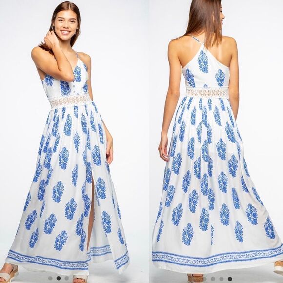 Fashion Nova Dresses & Skirts - NWOT Fashion Nova Blue and White Maxi Slit Dress